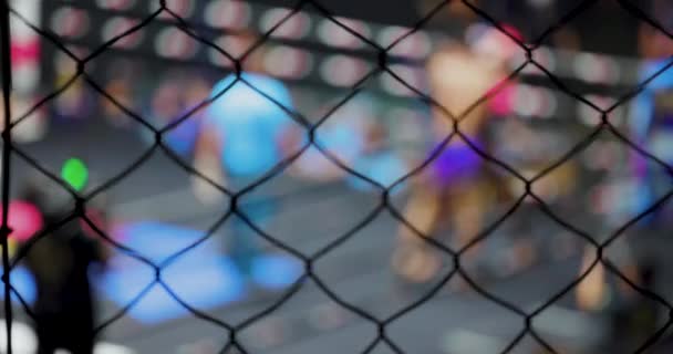 Muay Thai Fight Closeup Rack Focus Chain Link Fence Prospects — 图库视频影像