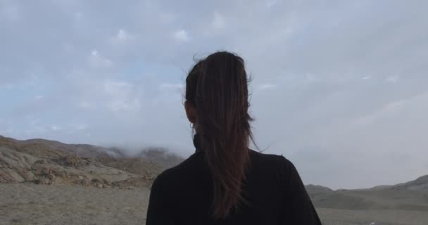 Közelkép Egy Titokzatos Fekete Ruhás Hátáról Amint Sivatagot Bámulja Felhős — Stock videók