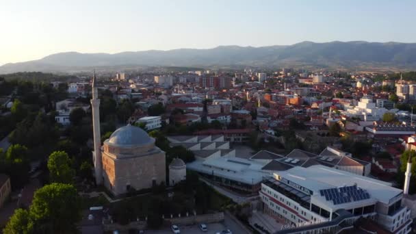 Høyt Tårn Mustafa Pasha Moskeen Sentrum Den Nordlige Marcedonske Hovedstaden – stockvideo