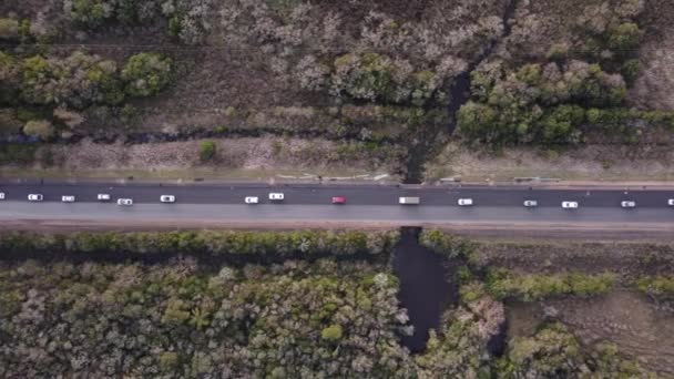 Lijn Van Auto Wachtrijen Het Platteland Rechtlijnige Weg Van Uruguay — Stockvideo