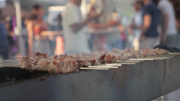 Carne Pinchos Vapor Barbacoa Chisporroteante Evento Público — Vídeo de stock