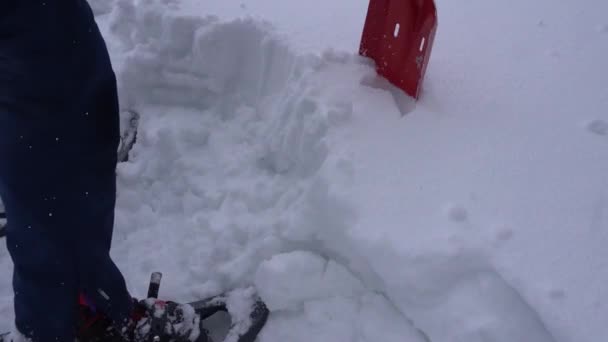 Man Cutting Out Block Snow Shovel Order Build Shelter French — Stock Video