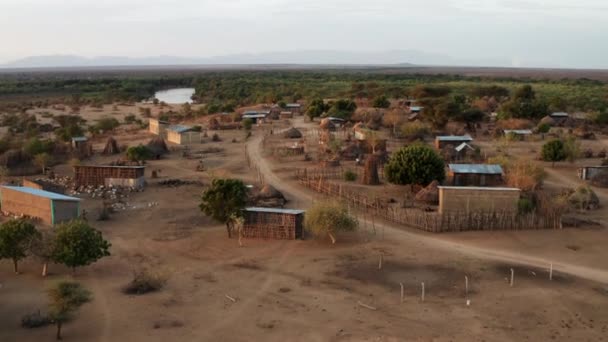 Aerial Panoramic Typical Settlements Karo Tribe Omo Rivershore Southern Ethiopia — Stock Video