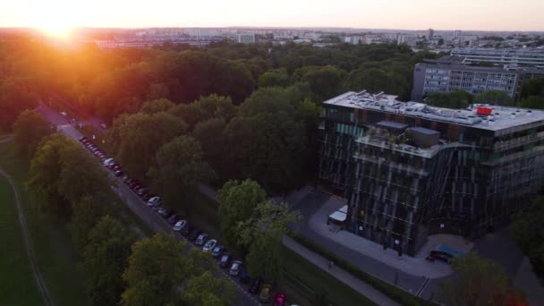 Vol Aérien Montrant Faisceau Soleil Doré Dessus Parc Avec Des — Video