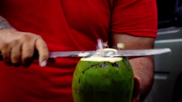 Zeitlupe Der Männlichen Hand Mit Machete Großes Messer Schneidet Kokosnuss — Stockvideo