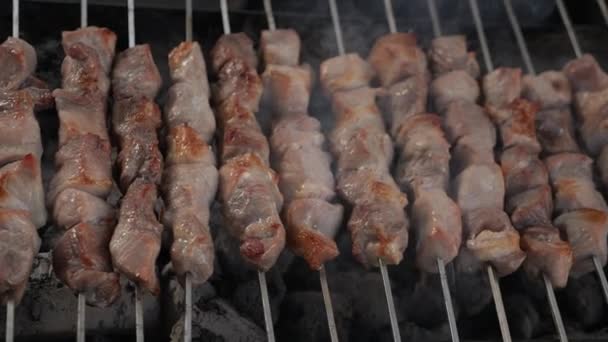 Carne Spiedini Fumante Sulla Cima Frizzante Barbecue Carbone — Video Stock