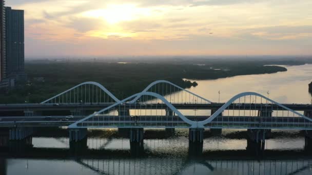Sunset River Pik North Jakarta Cars Drive Modern Bridge Aerial — Stock Video