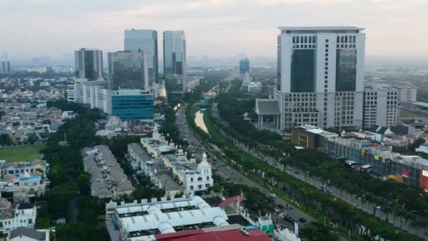 Widok Lotu Ptaka Nowoczesne Budynki Pik Jakarta Zachodzie Słońca — Wideo stockowe