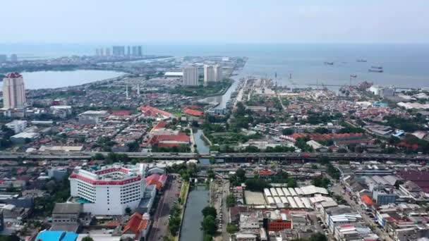 Vanuit Lucht Uitzicht Oceaan Kota Tua Noord Jakarta Zonnige Dag — Stockvideo