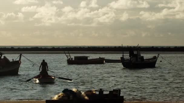 Silhueta Dois Homens Barco Remo Uma Pequena Baía Cheia Barcos — Vídeo de Stock