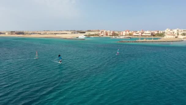 Rüzgâr Sörfçülerinin Somabay Marina Nın Hava Aracı Görüntüleri — Stok video