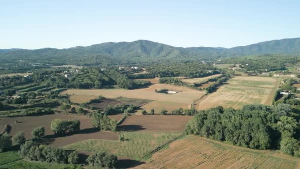 Drone Vlucht Landbouwboerderij Girona Barcelona Met Bergen Achtergrond — Stockvideo