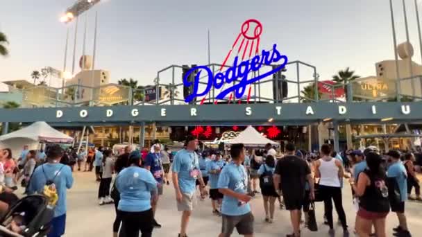 Crowd Fans Gathered Slow Motion Dodger Stadium Neon Entrance Signage — Stock Video