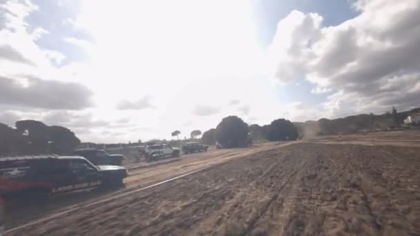 Fpv Drone Follows Land Rover Racing Back Stretch Iberlince Race — Stock Video