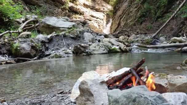 Bonfire Burning Peacefully Nature People Surrounded River Waterfall — Stock Video