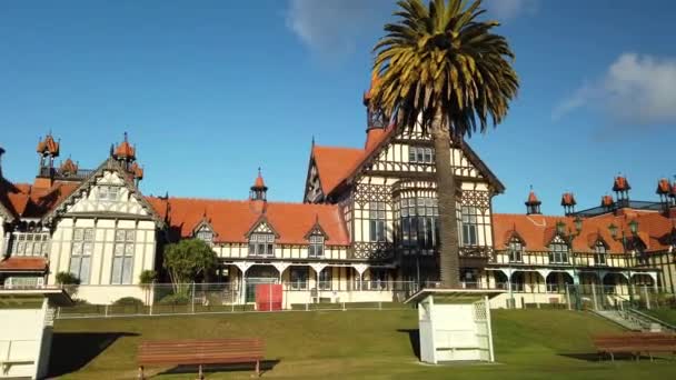 Egyedülálló Rotorua Múzeum Épület Tudor Újjászületés Építészet Turisztikai Attrakció Zélandon — Stock videók