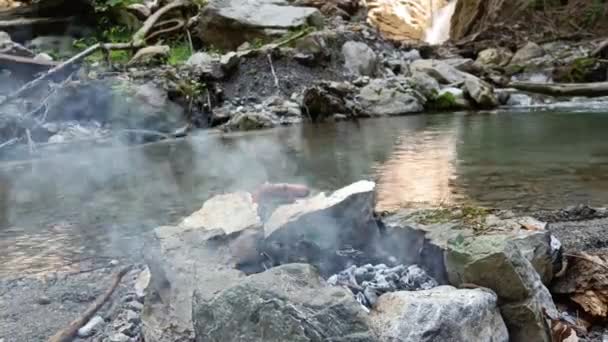 Persona Cucinare Tre Salsicce Bastone Natura Con Cascata Background — Video Stock