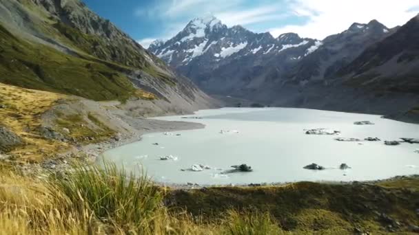 夏季的冰川湖和高山景观放松 青崎山库克湖胡克湖 — 图库视频影像