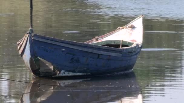 Hermosa Imagen Barco Pesca Artesanal Amarrado Río Moviéndose Suavemente Con — Vídeo de stock