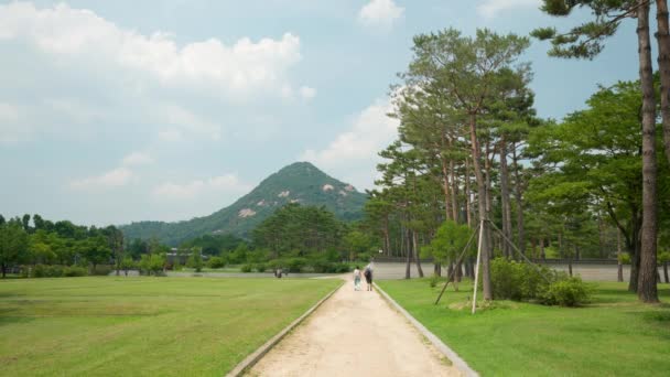 Άνθρωποι Περπατούν Στο Μονοπάτι Στο Παλάτι Gyeongbokgung Θέα Βουνό Bukhansan — Αρχείο Βίντεο