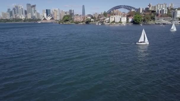 Flying Shit Sailing Yacht Facing Sydney Opera House Harbour Bridge — Stockvideo