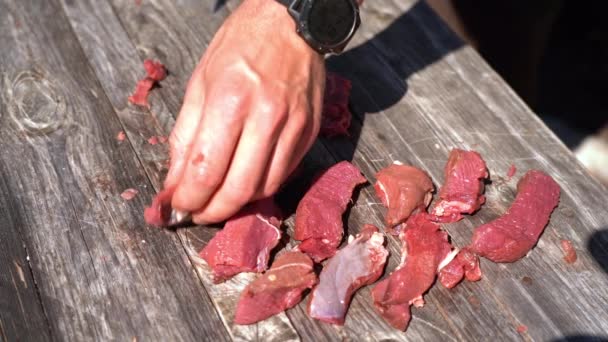 Male Hand Organizing Raw Boneless Deer Meat Filet Wooden Table — Stock Video