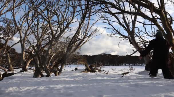 Hombre Bosque Con Una Chaqueta Hombre Corral Camina Nieve Profunda — Vídeos de Stock