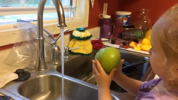 Little Girl Washing Apples Kitchen Sink Applesauce — Stock Video