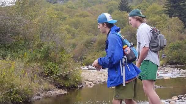 Jongen Vliegen Vissen Forel Bergstroom North Carolina — Stockvideo