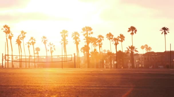 一种缓慢而平稳的加利福尼亚落日平底锅 有棕榈树和排球场 — 图库视频影像