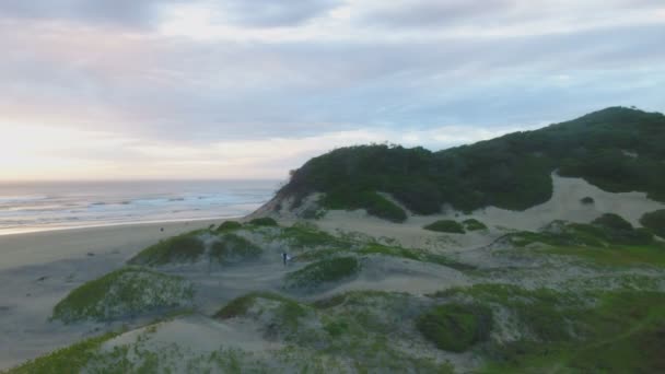 Dramatische Antenne Von Surfern Entlang Der Küste Südafrikas Bei Sonnenaufgang — Stockvideo