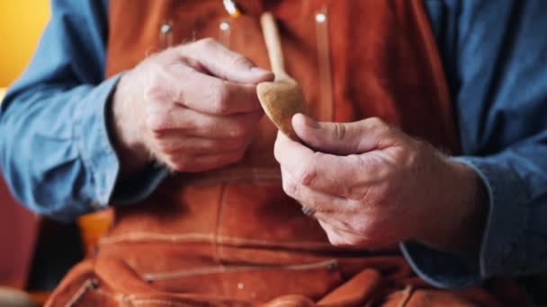 Nahaufnahme Des Holzschnitzers Bei Der Untersuchung Des Handgefertigten Löffels — Stockvideo