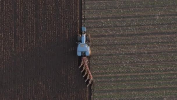 Flygfoto Över Traktor Som Plöjer Åker Aberdeenshire Solig Dag Skottland — Stockvideo