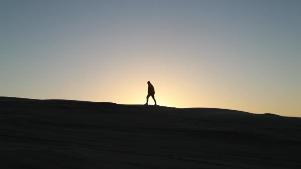 Silhouette Figure Walking Sand Ridge Desert Sunset — Stock Video