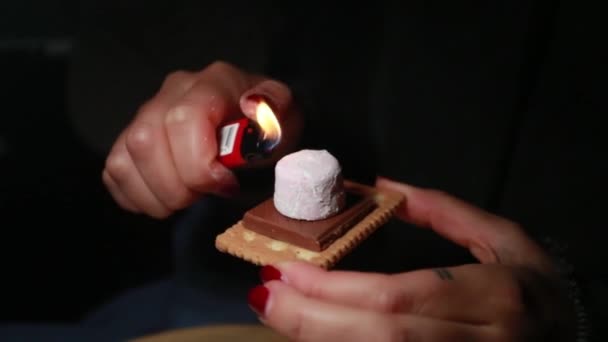 Marsh Mellow Wordt Nachts Verlicht Met Een Aansteker — Stockvideo