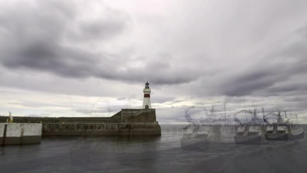 Timelapse Ships Entering Exiting Fraserburgh Harbour Entrance Cloudy Day Breakwater — Stock Video