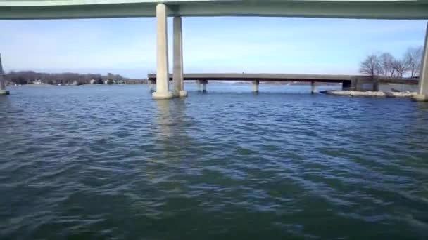 青い川の上からアヒルが顔を出し車の往来を運ぶ二つの橋を眺めながら — ストック動画