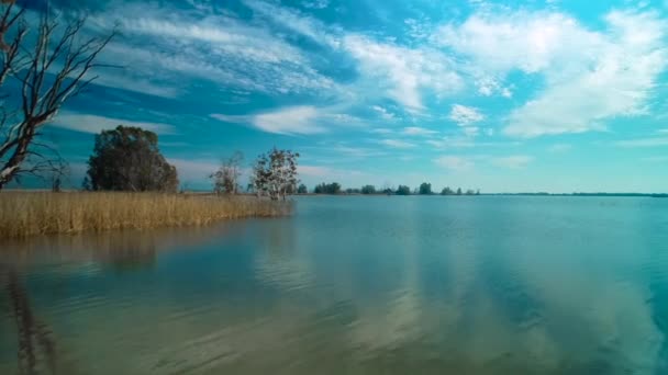 Baixo Tiro Aéreo Logo Acima Água Brilhante Lago Movendo Para — Vídeo de Stock