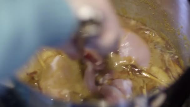 Memasak Kari Ayam Malaysia Dalam Panci Atas Kompor Sambil Diaduk — Stok Video
