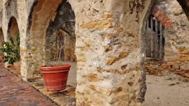 Scanning Old Mission Architecture Design Plant Pots Colorful Brick Work — Stock Video