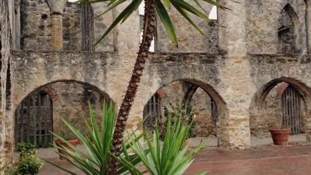 Architecture Design Archways Old Mission Fort Trees Plants Bushes — Stock Video
