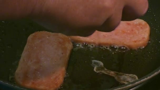 Spam Una Sartén Añadir Huevo Freír Para Desayuno Poco Saludable — Vídeo de stock