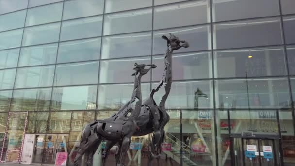 Zwei Giraffenskulpturen Aus Metall Eine Große Und Eine Kleine Vor — Stockvideo