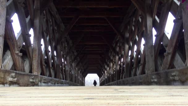 古い木で覆われた川の橋の反対側の歩道を出る一人の図の低角度 — ストック動画