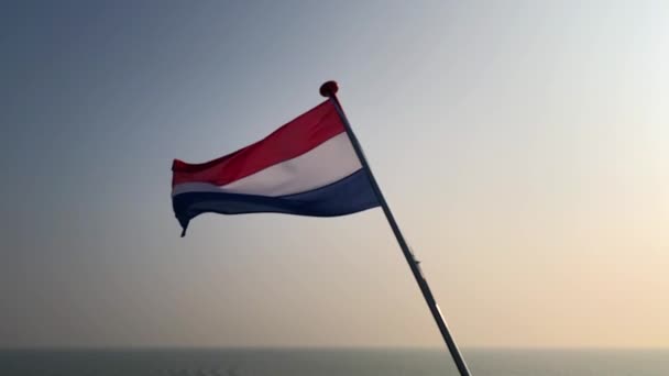 Slow Motion Dutch Flag Netherlands Wind Sunset Background Moving Water — Stock Video