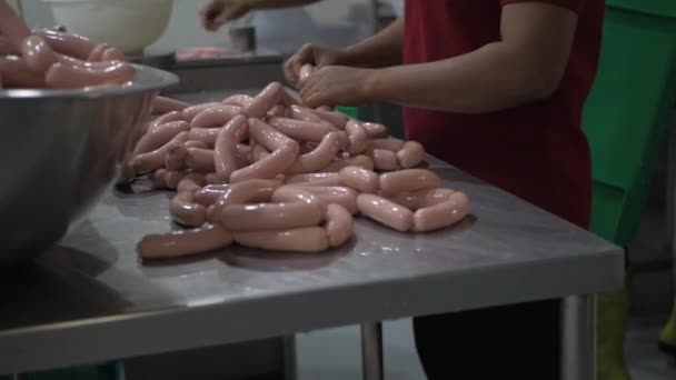 ソーセージ肉プロセス工場生産手作りのスモークボイルドラップミネセートスパイス — ストック動画