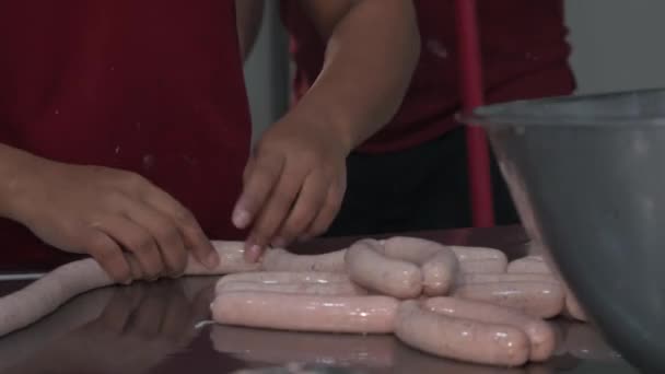ソーセージ肉プロセス工場生産手作りのスモークボイルドラップミネセートスパイス — ストック動画
