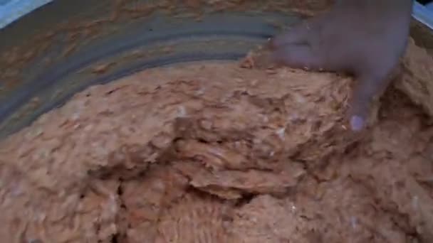 Cârnați Procesul Carne Fabrica Producție Manual Fumat Fiert Wrap Mincemeat — Videoclip de stoc