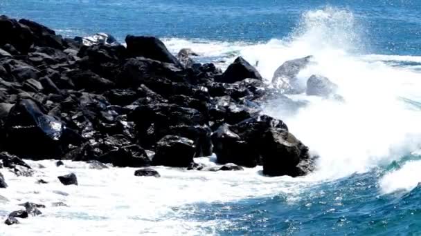 Océano Atlántico Olas Marinas Rompiendo Rocas Negras Volcánicas Línea Costera — Vídeos de Stock