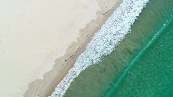Vlna Narážející Bílou Písečnou Pláž Úsvitu Krásný Letecký Dron Záběr — Stock video